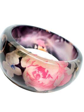 Wide Resin Floral Bangle Bracelet Pink Rose Floral Dark Translucent 8.5"